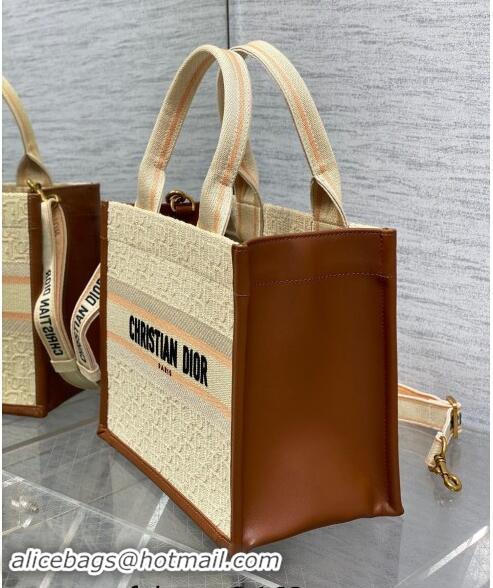 Top Grade Dior Small Dior Book Tote Bag in Beige Dior Oblique Embroidered Raffia Straw and Camel Brown Calfskin D3106 20