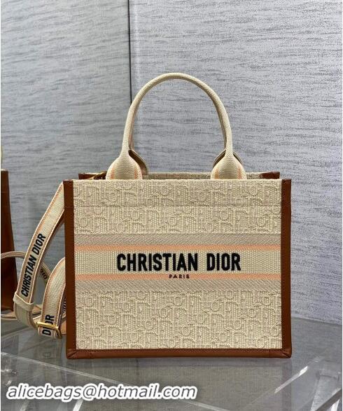 Top Grade Dior Small Dior Book Tote Bag in Beige Dior Oblique Embroidered Raffia Straw and Camel Brown Calfskin D3106 20