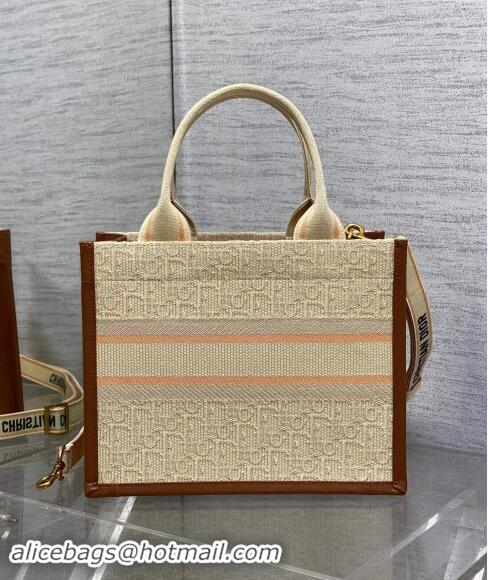 Top Grade Dior Small Dior Book Tote Bag in Beige Dior Oblique Embroidered Raffia Straw and Camel Brown Calfskin D3106 20