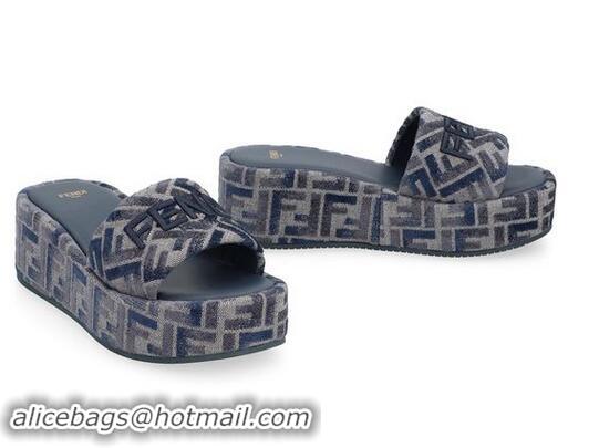 Promotional Fendi Sunshine FF Denim Flatform Slides/Sandals 8R851 Blue