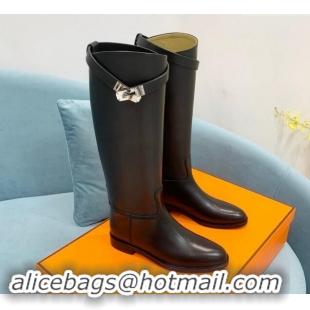 Popular Style Hermes Jumping High Flat Boots in Calfskin with Kelly Buckle Black 907001