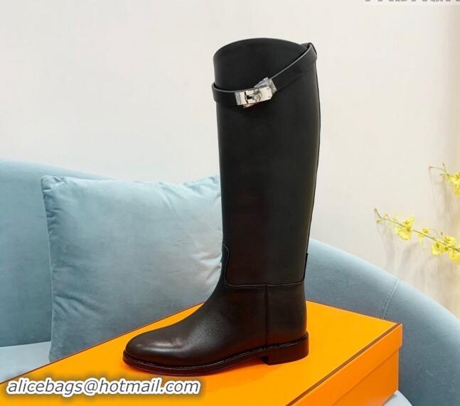 Popular Style Hermes Jumping High Flat Boots in Calfskin with Kelly Buckle Black 907001