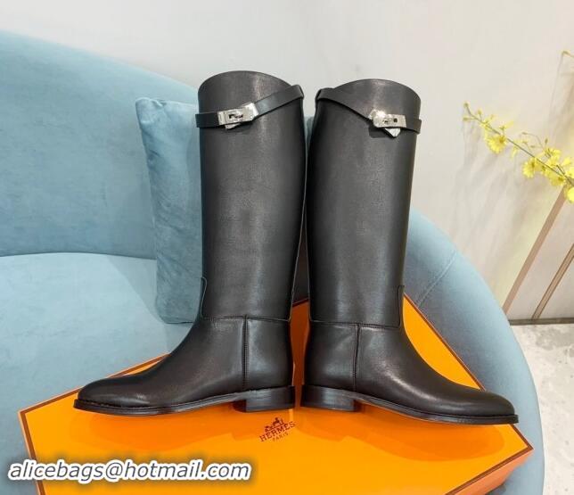 Popular Style Hermes Jumping High Flat Boots in Calfskin with Kelly Buckle Black 907001