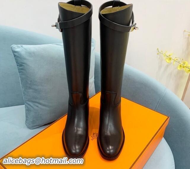 Popular Style Hermes Jumping High Flat Boots in Calfskin with Kelly Buckle Black 907001