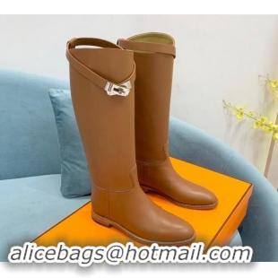 Good Quality Hermes Jumping High Flat Boots in Calfskin with Kelly Buckle Brown 907002