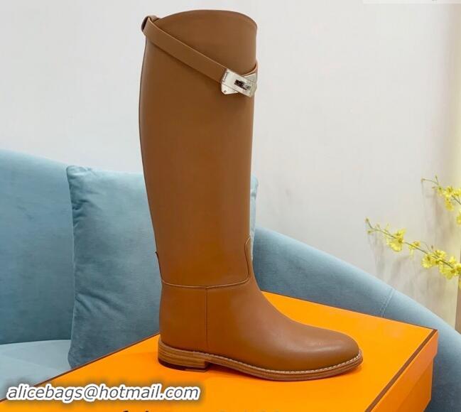 Good Quality Hermes Jumping High Flat Boots in Calfskin with Kelly Buckle Brown 907002