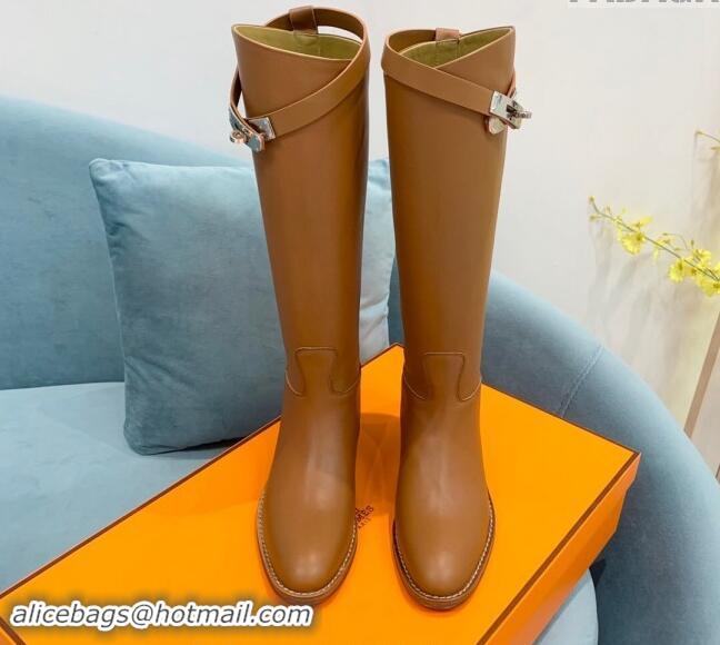 Good Quality Hermes Jumping High Flat Boots in Calfskin with Kelly Buckle Brown 907002