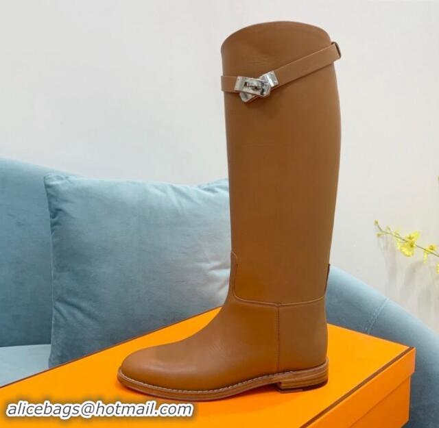 Good Quality Hermes Jumping High Flat Boots in Calfskin with Kelly Buckle Brown 907002