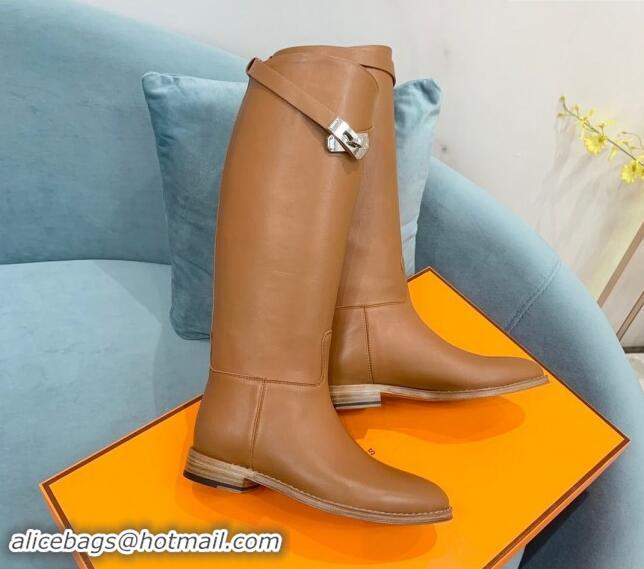 Good Quality Hermes Jumping High Flat Boots in Calfskin with Kelly Buckle Brown 907002