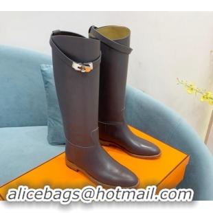 Sumptuous Hermes Jumping High Flat Boots in Calfskin with Kelly Buckle Grey 907003