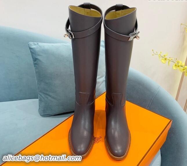 Sumptuous Hermes Jumping High Flat Boots in Calfskin with Kelly Buckle Grey 907003