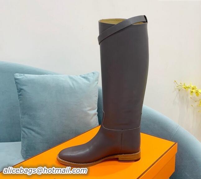 Sumptuous Hermes Jumping High Flat Boots in Calfskin with Kelly Buckle Grey 907003