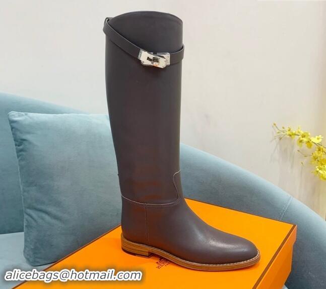 Sumptuous Hermes Jumping High Flat Boots in Calfskin with Kelly Buckle Grey 907003