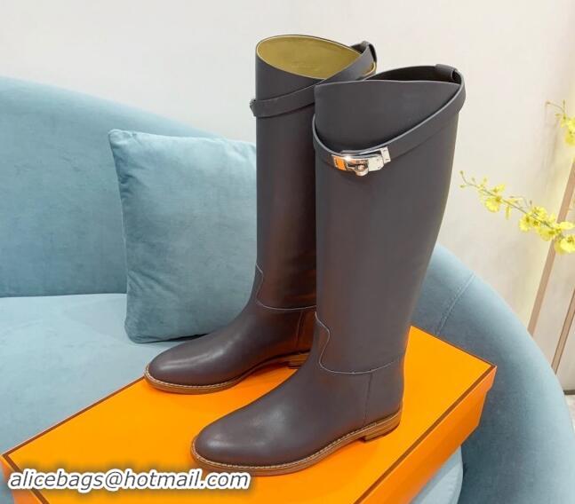 Sumptuous Hermes Jumping High Flat Boots in Calfskin with Kelly Buckle Grey 907003