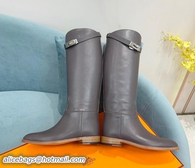 Sumptuous Hermes Jumping High Flat Boots in Calfskin with Kelly Buckle Grey 907003