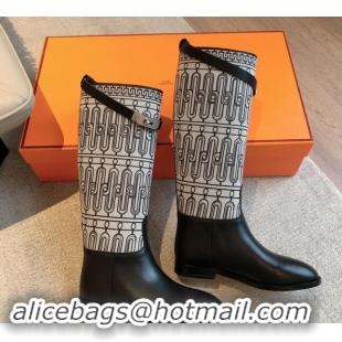 Best Price Hermes Jumping High Flat Boots in Printed H Canvas and Calfskin with Kelly Buckle Black 907004