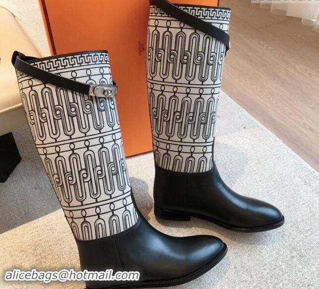 Best Price Hermes Jumping High Flat Boots in Printed H Canvas and Calfskin with Kelly Buckle Black 907004