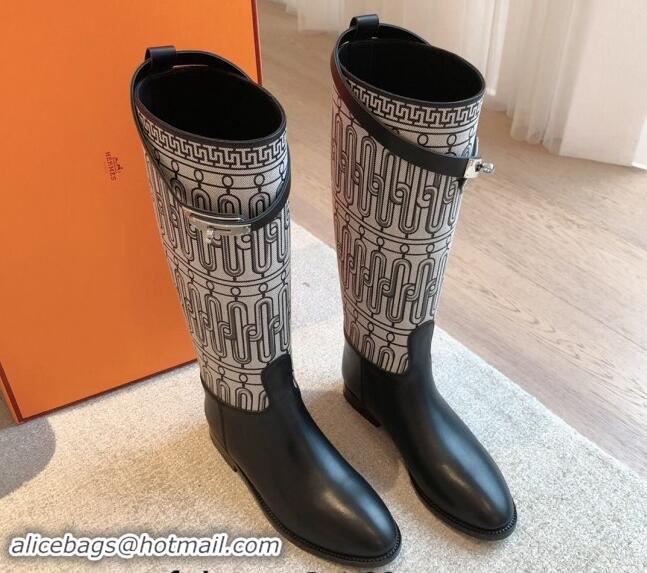 Best Price Hermes Jumping High Flat Boots in Printed H Canvas and Calfskin with Kelly Buckle Black 907004