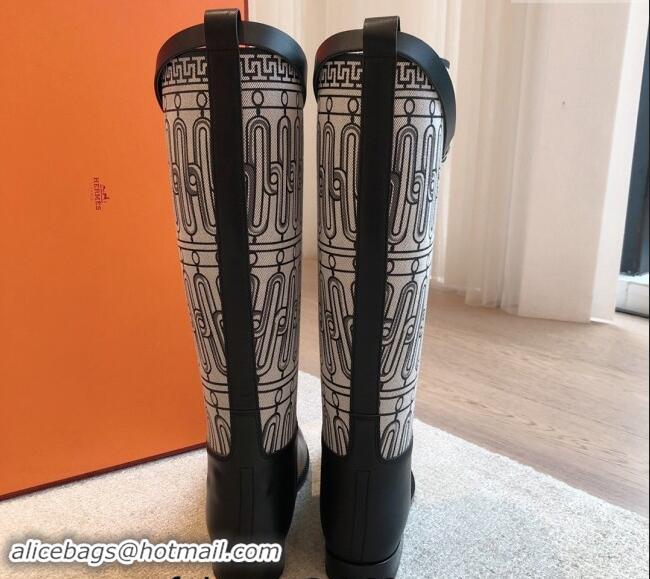 Best Price Hermes Jumping High Flat Boots in Printed H Canvas and Calfskin with Kelly Buckle Black 907004