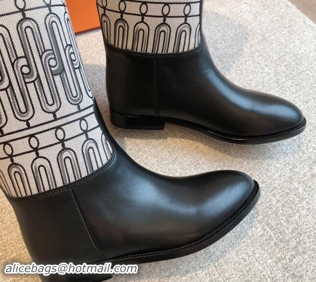 Best Price Hermes Jumping High Flat Boots in Printed H Canvas and Calfskin with Kelly Buckle Black 907004