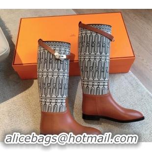 Best Grade Hermes Jumping High Flat Boots in Printed H Canvas and Calfskin with Kelly Buckle Brown 907005