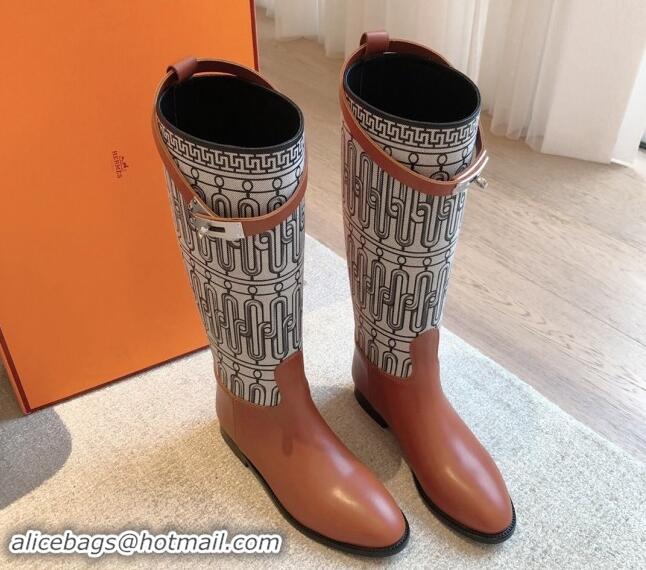 Best Grade Hermes Jumping High Flat Boots in Printed H Canvas and Calfskin with Kelly Buckle Brown 907005