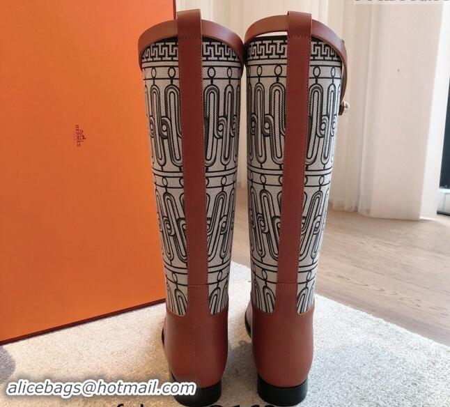 Best Grade Hermes Jumping High Flat Boots in Printed H Canvas and Calfskin with Kelly Buckle Brown 907005