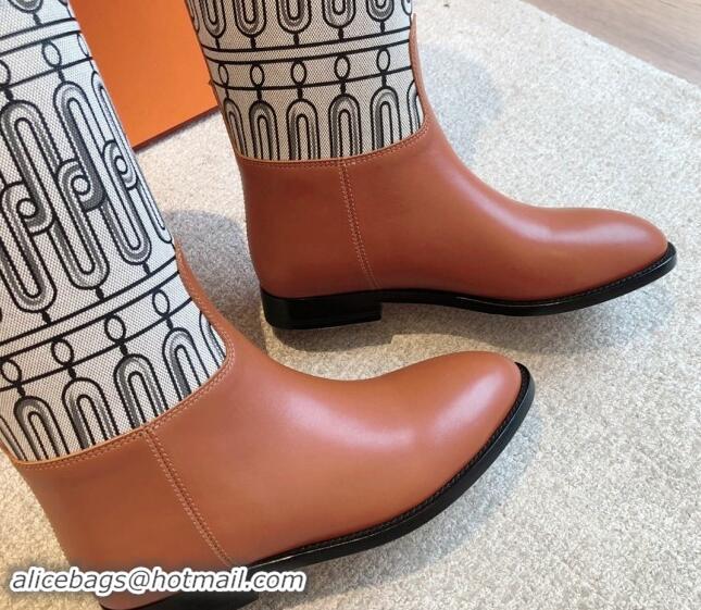 Best Grade Hermes Jumping High Flat Boots in Printed H Canvas and Calfskin with Kelly Buckle Brown 907005