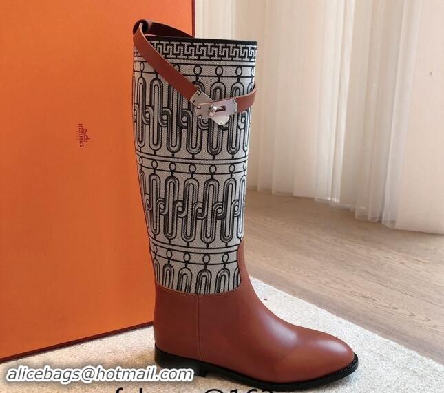 Best Grade Hermes Jumping High Flat Boots in Printed H Canvas and Calfskin with Kelly Buckle Brown 907005