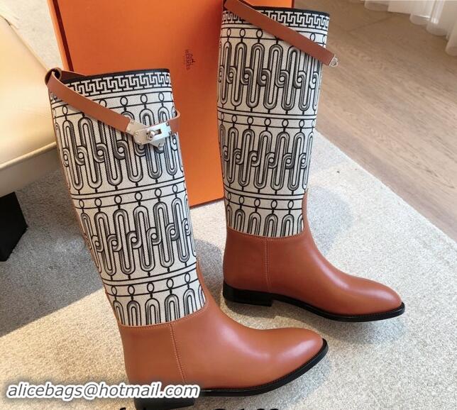 Best Grade Hermes Jumping High Flat Boots in Printed H Canvas and Calfskin with Kelly Buckle Brown 907005