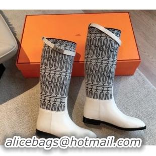 Grade Quality Hermes Jumping High Flat Boots in Printed H Canvas and Calfskin with Kelly Buckle White 907006