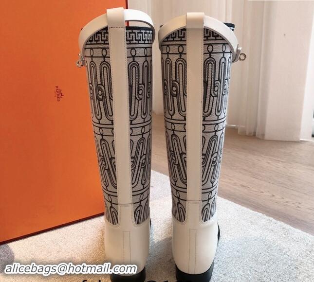 Grade Quality Hermes Jumping High Flat Boots in Printed H Canvas and Calfskin with Kelly Buckle White 907006