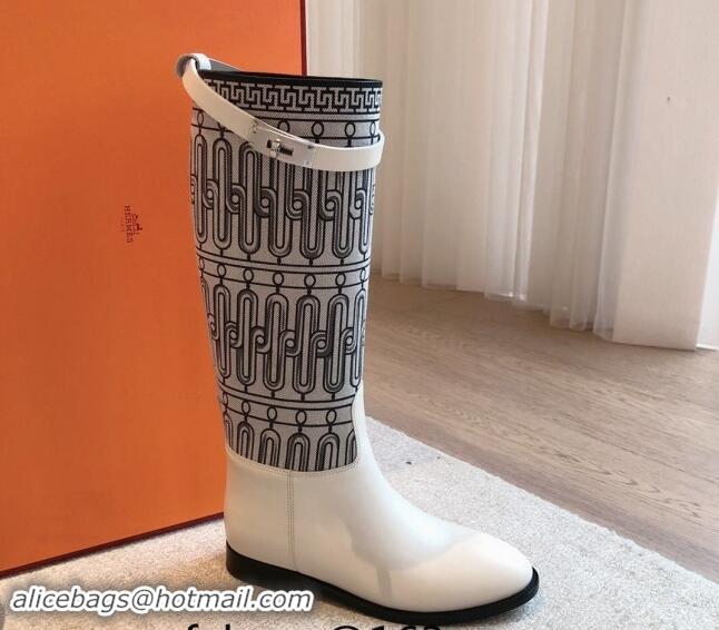 Grade Quality Hermes Jumping High Flat Boots in Printed H Canvas and Calfskin with Kelly Buckle White 907006