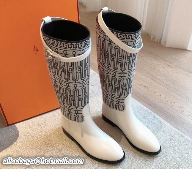 Grade Quality Hermes Jumping High Flat Boots in Printed H Canvas and Calfskin with Kelly Buckle White 907006