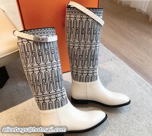 Grade Quality Hermes Jumping High Flat Boots in Printed H Canvas and Calfskin with Kelly Buckle White 907006