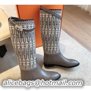 Purchase Hermes Jumping High Flat Boots in Printed H Canvas and Calfskin with Kelly Buckle Grey 907007