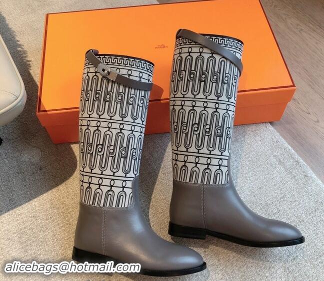 Purchase Hermes Jumping High Flat Boots in Printed H Canvas and Calfskin with Kelly Buckle Grey 907007