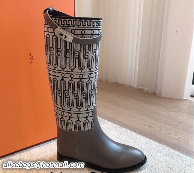 Purchase Hermes Jumping High Flat Boots in Printed H Canvas and Calfskin with Kelly Buckle Grey 907007