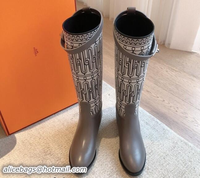 Purchase Hermes Jumping High Flat Boots in Printed H Canvas and Calfskin with Kelly Buckle Grey 907007