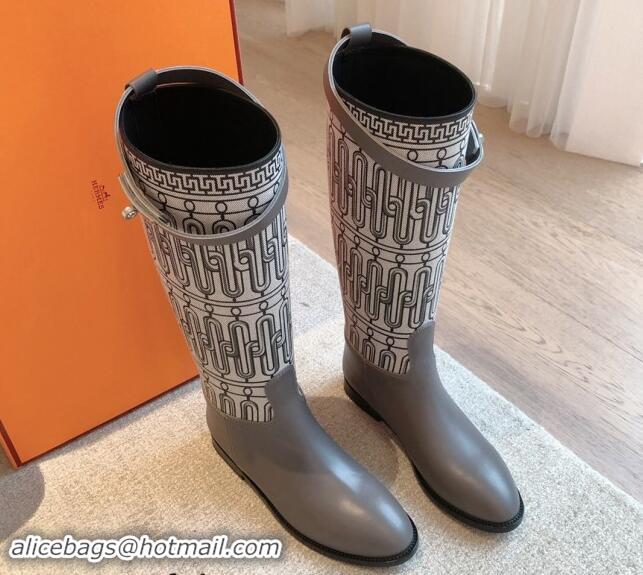 Purchase Hermes Jumping High Flat Boots in Printed H Canvas and Calfskin with Kelly Buckle Grey 907007