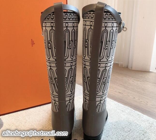 Purchase Hermes Jumping High Flat Boots in Printed H Canvas and Calfskin with Kelly Buckle Grey 907007