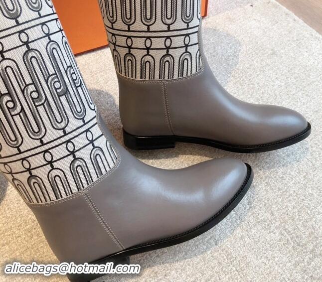 Purchase Hermes Jumping High Flat Boots in Printed H Canvas and Calfskin with Kelly Buckle Grey 907007