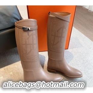 Top Grade Hermes Jumping High Flat Boots in Logo Perforated Calfskin with Kelly Buckle Grey 907008