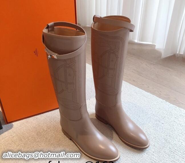 Top Grade Hermes Jumping High Flat Boots in Logo Perforated Calfskin with Kelly Buckle Grey 907008