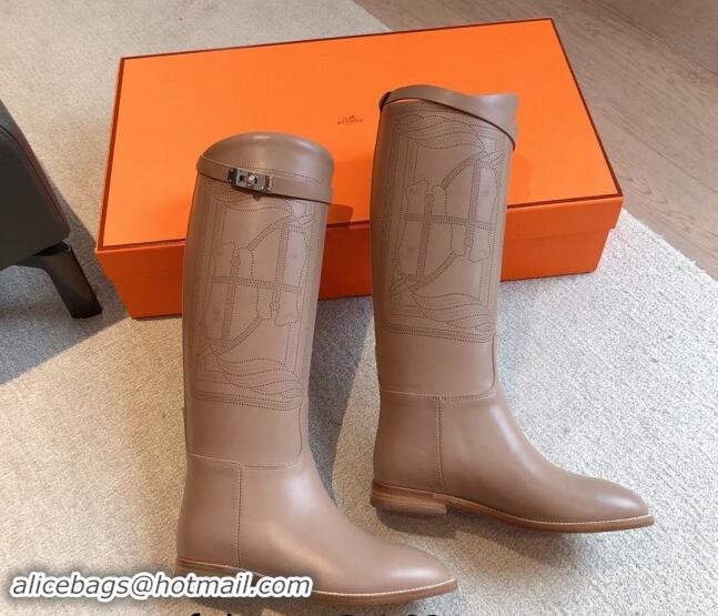 Top Grade Hermes Jumping High Flat Boots in Logo Perforated Calfskin with Kelly Buckle Grey 907008