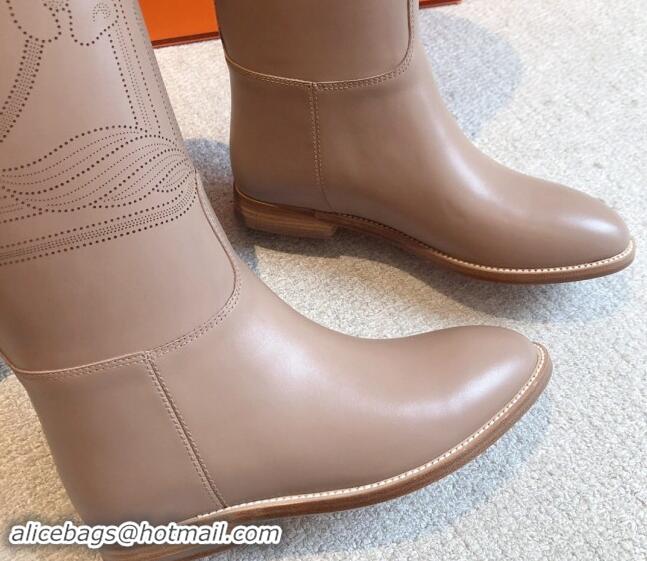 Top Grade Hermes Jumping High Flat Boots in Logo Perforated Calfskin with Kelly Buckle Grey 907008