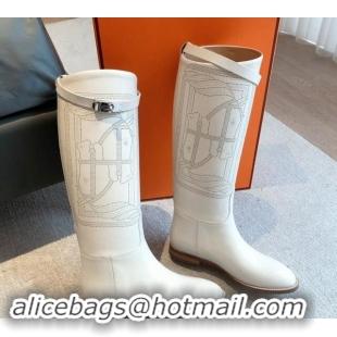 Most Popular Hermes Jumping High Flat Boots in Logo Perforated Calfskin with Kelly Buckle White 0907009