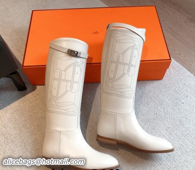 Most Popular Hermes Jumping High Flat Boots in Logo Perforated Calfskin with Kelly Buckle White 0907009