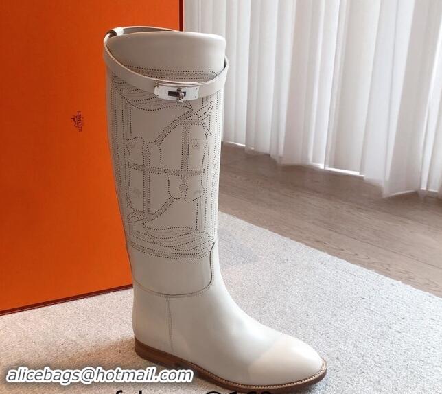 Most Popular Hermes Jumping High Flat Boots in Logo Perforated Calfskin with Kelly Buckle White 0907009