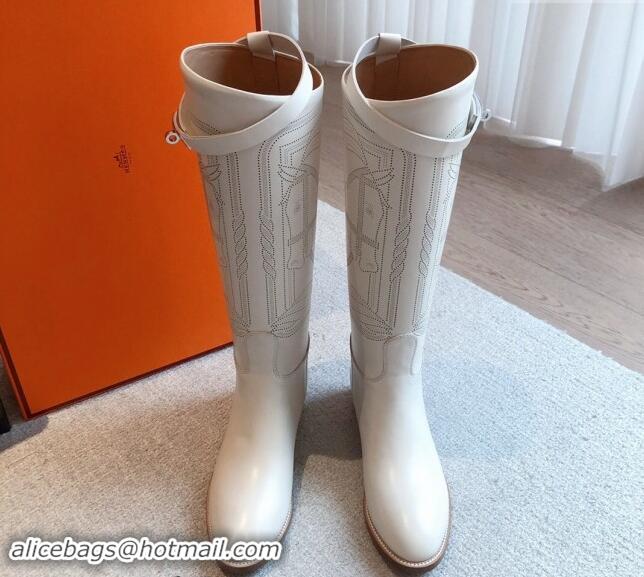 Most Popular Hermes Jumping High Flat Boots in Logo Perforated Calfskin with Kelly Buckle White 0907009